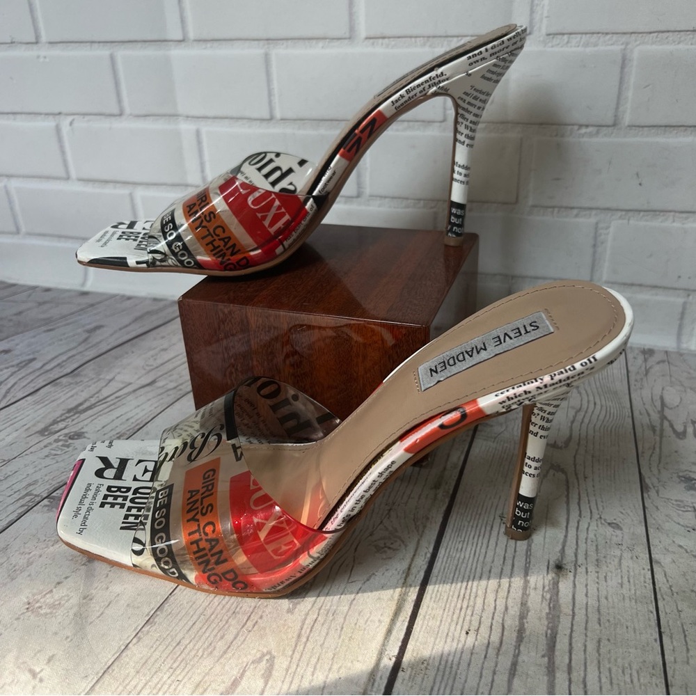 Vintage Steve Madden Y2K Size 10 Newspaper News Print Heels Clear Slide Shoes - Picture 5 of 16